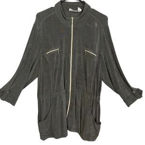 Chico's Travelers Liquid Knit Jacket Green Gray Full Zip Adjustable Waist Size L